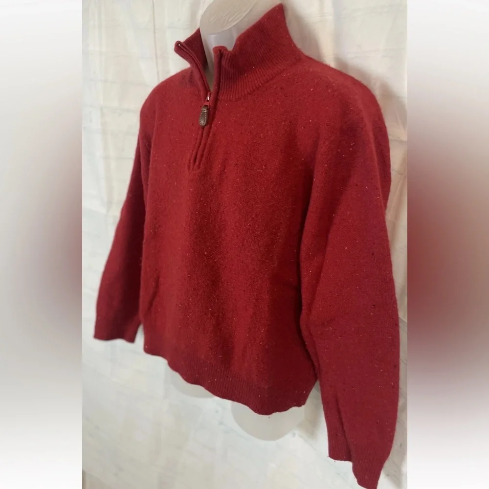 Jos. A. Bank Men's Lambswool Knit Sweater Pullover‎ with Leather Pull Zipper Red